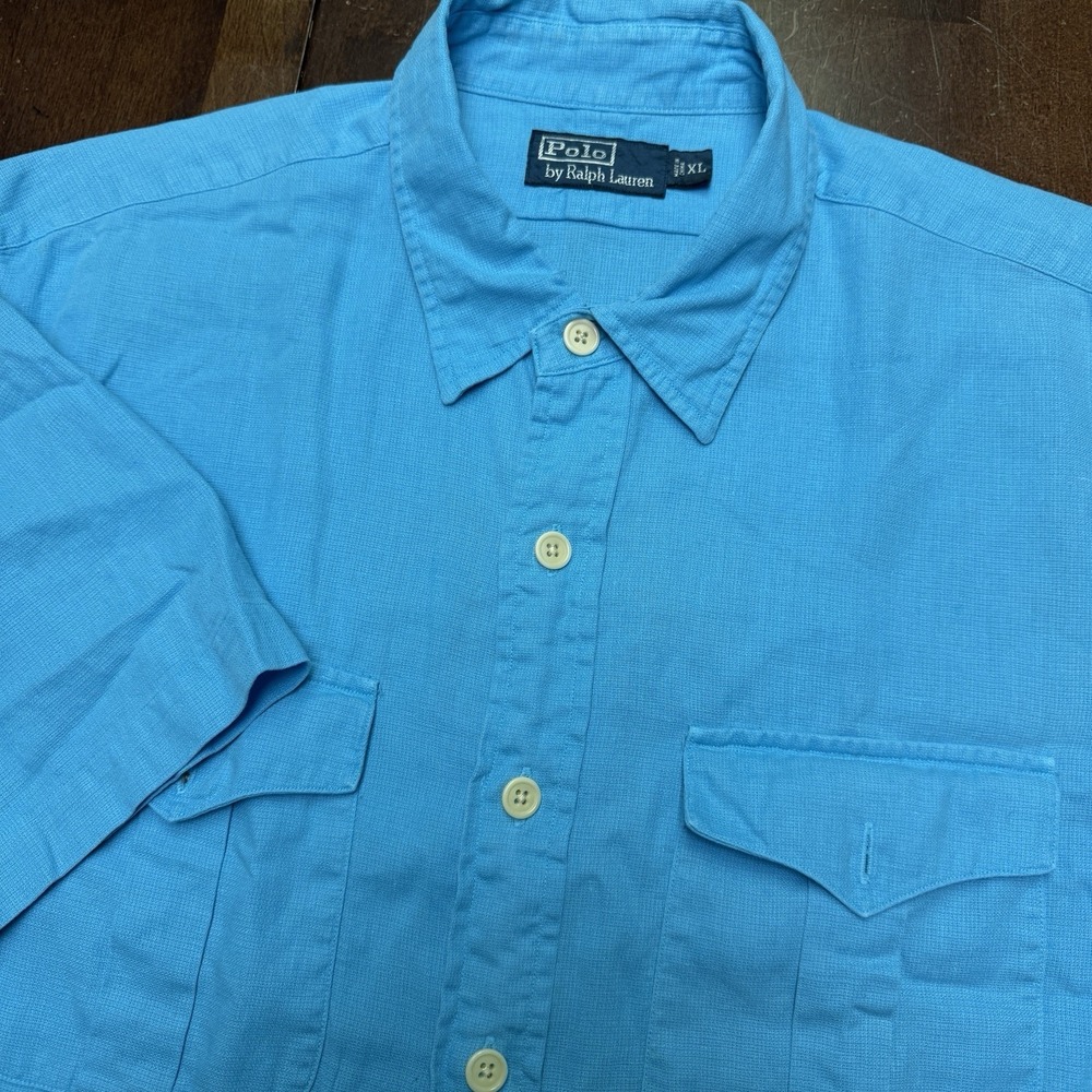 VTG Polo Ralph Lauren XL Shirt Men Blue Linen Blend Safari Pockets‎ Short Sleeve